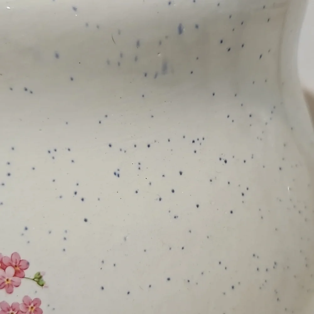 Vintage Speckled Ceramic Blush Pink Flower Blue Ribbon Large Canister Jar w/Lid